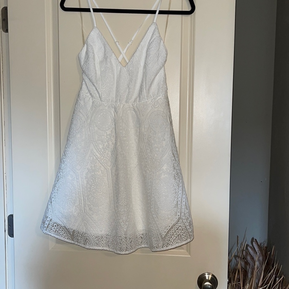 LuLus white skater dress backless and embroidered.